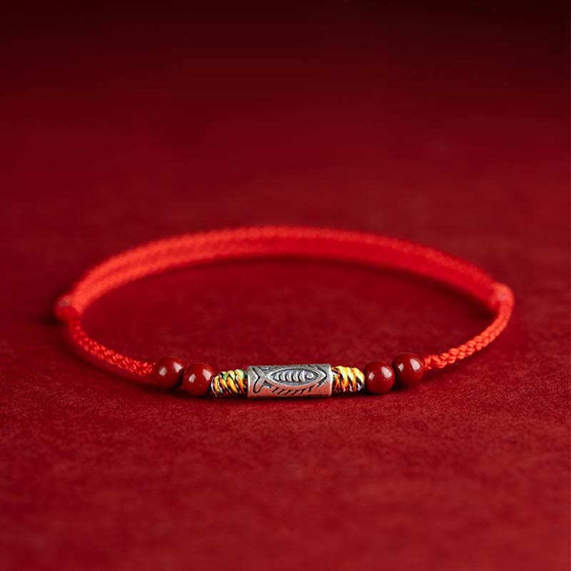 Buddha Stones 925 Srebro Sterling Ryba Koi Koralik Cynober Bogactwo Ręcznie Robiona Bransoletka Pleciona Bransoletka na Nogę