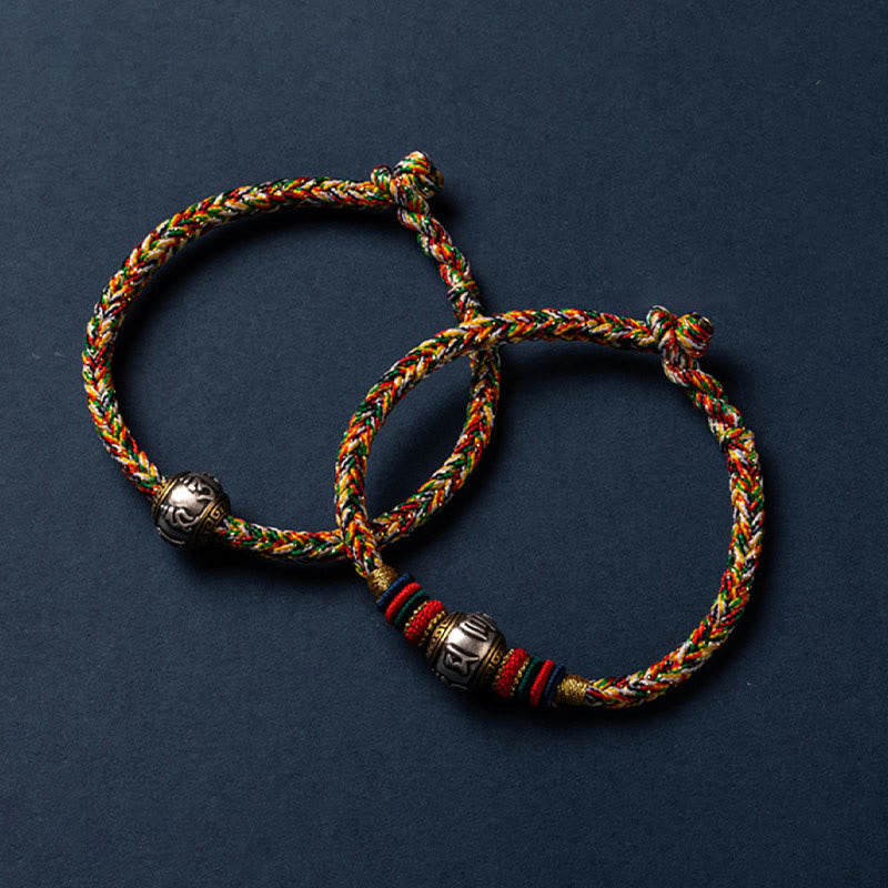 Buddha Stones 925 Srebro Sterlingowe Tybet Ręcznie Robione Om Mani Padme Hum Ochrona Szczęścia Bransoletka King Kong Knot Braided