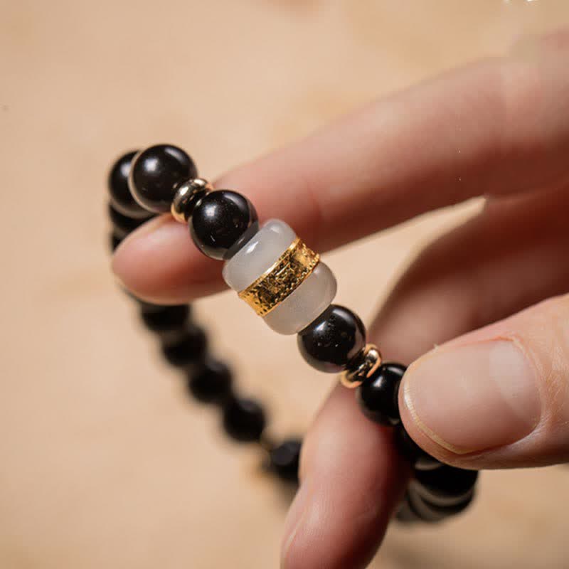 Buddha Stones Czarny Obsydian Jade Om Mani Padme Hum Siła Para Magnetyczna Bransoletka