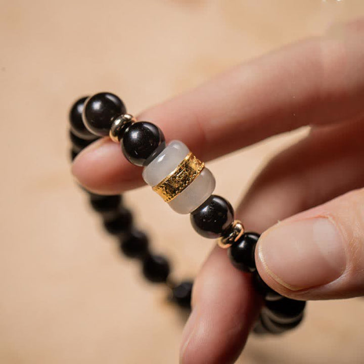 Buddha Stones Czarny Obsydian Jade Om Mani Padme Hum Siła Para Magnetyczna Bransoletka