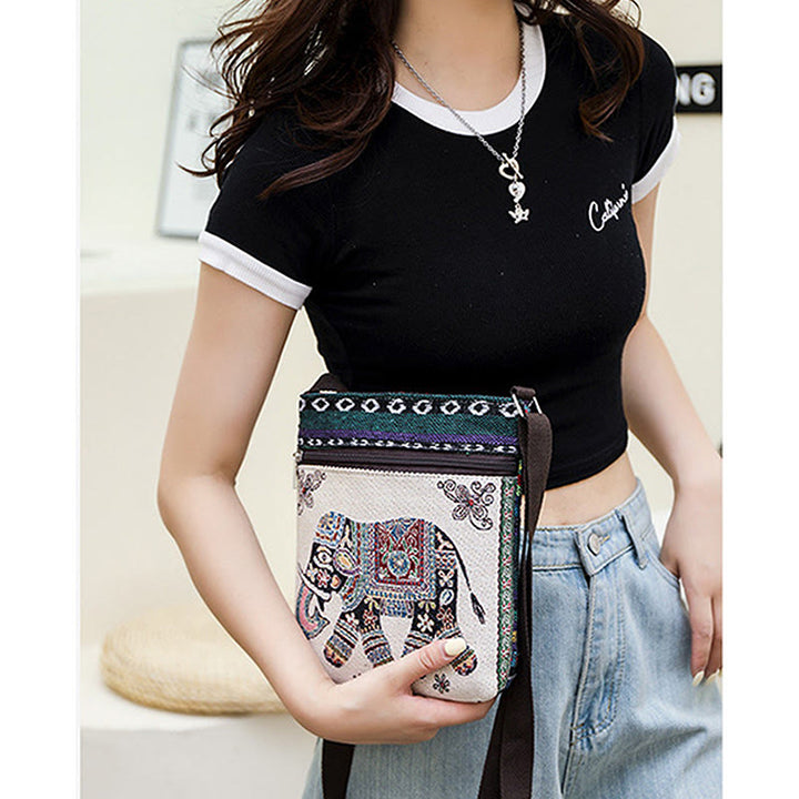 Buddha Stones Słoń Motyl Haftowana Płócienna Torba Tote Torba Na Ramię Torba Crossbody