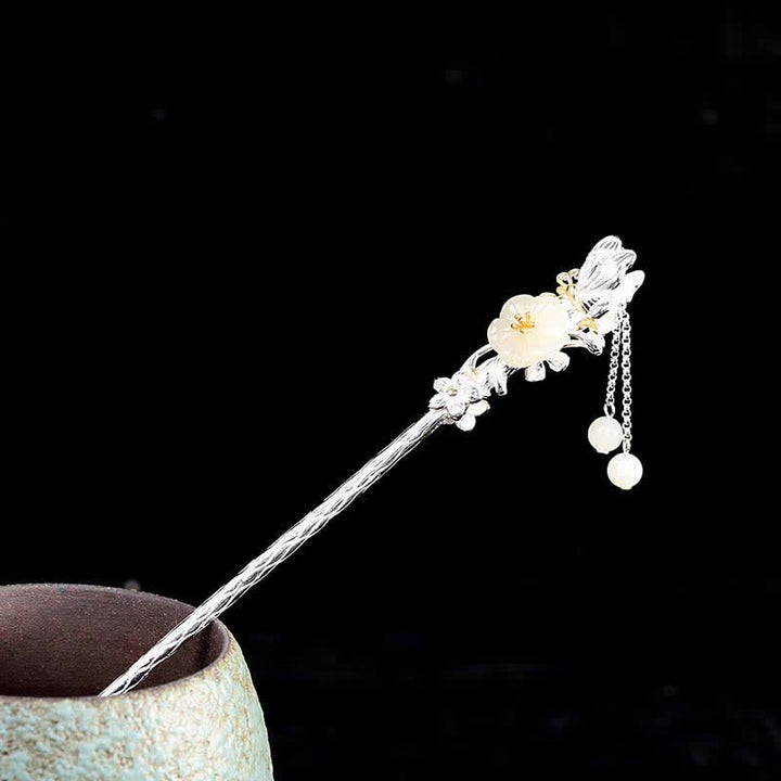 Spinka do włosów z kwiatem błogosławieństwa wykonana ze srebra próby 925 Hetian White Jade - Biały jadeit hetian i srebro próby 925 - image 0