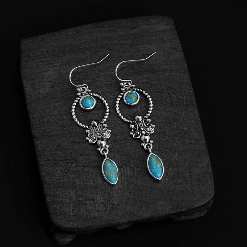 Kolczyki wiszące Buddha Stones 925 Sterling Silver Vintage Turquoise Waterdrop Pattern Balance Drop