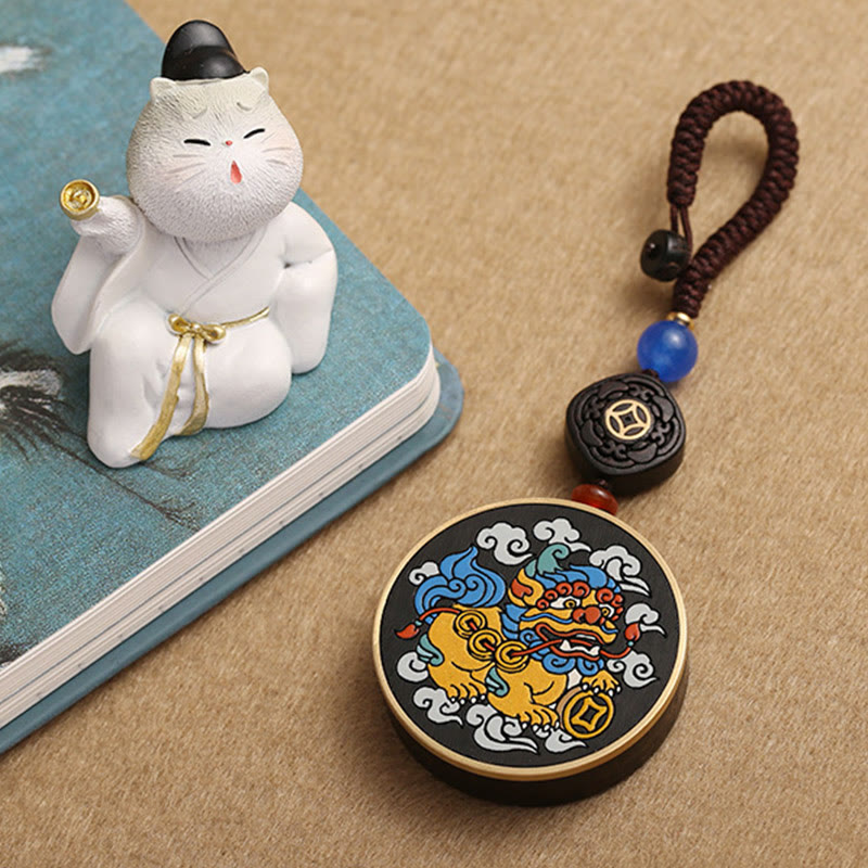 Buddha Stones PiXiu Miedziana Moneta Drewno Hebanowe Szczęście Przyciąga Bogactwo Brelok Dekoracja