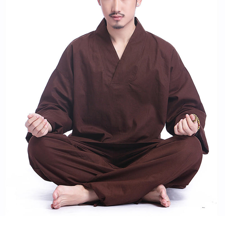 Buddha Stones Medytacja Modlitwa Dekolt w serek Projekt Bawełna Len Duchowa Praktyka Zen Joga Odzież Męska Zestaw - Brązowy - US/UK/AU44， EU54 (3XL) - image 0