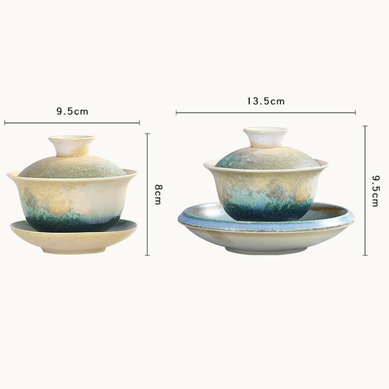 Buddha Stones Zielone Fale Oceaniczne Projekt Porcelany Ceramiczny Gaiwan Sancai Filiżanka Kung Fu Filiżanka I Spodek Z Pokrywką
