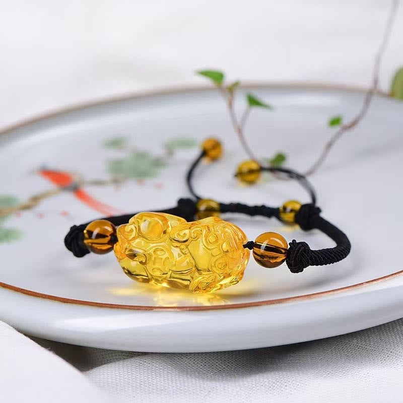 Buddha Stones Naturalny Obsydian Ametyst Cytryn PiXiu Cooper Moneta Bogactwo Bransoletka