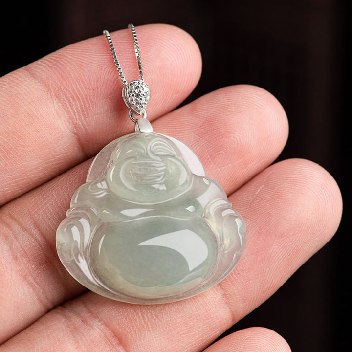 Buddha Stones 925 Srebro Sterling Naturalny Jadeit Śmiejący się Budda Dobrobyt Obfitość Naszyjnik Łańcuch Wisiorek