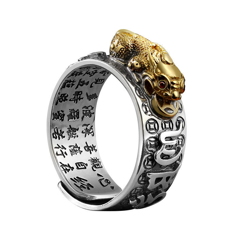 Buddha Stones Tybetańskie 990 Srebro Sterlingowe Om Mani Padme Hum PiXiu Dorje Wadżra Sutra Serca Grawerowany Pierścień Bogactwa