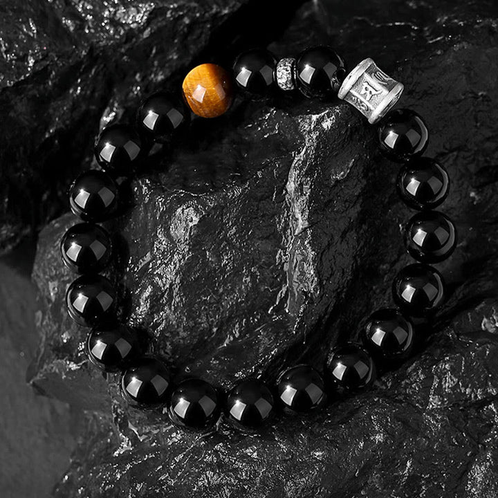 Buddha Stones 999 Srebro Sterlingowe Czarny Obsydian Tygrysie Oko Bransoletka Spełnienie Om Mani Padme Hum