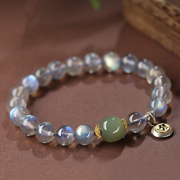 Buddha Stones Chiński Zodiak Natal Budda 925 Srebro Sterling Naturalny Kamień Księżycowy Hetian Jade Pozytywna Bransoletka