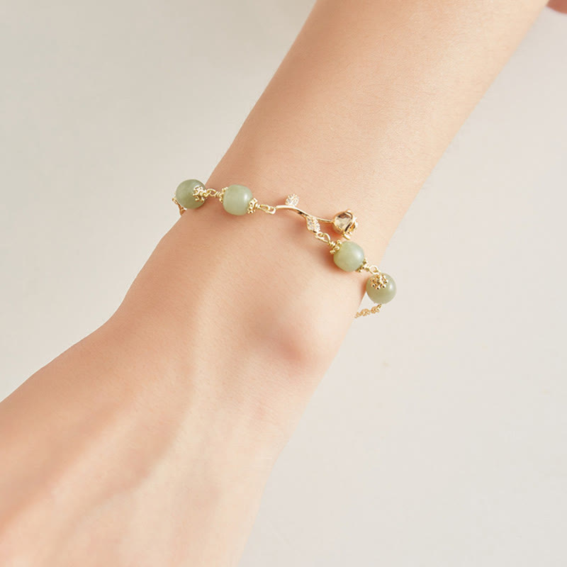 Bransoletka z łańcuszkiem szczęścia z Buddha Stones 14K pozłacana jadeitem hetian i złotą różą