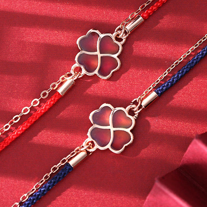 Bransoletka Buddha Stones 925 Sterling Silver Color Changing Four Leaf Clover Luck Protection Red String