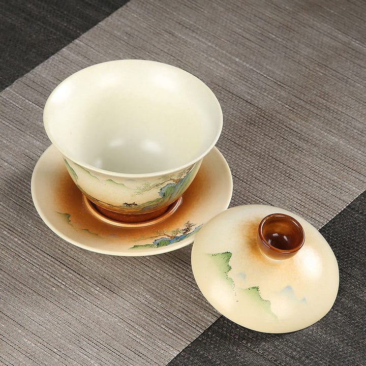 Buddha Stones Górski Krajobraz Wiejski Ceramiczny Gaiwan Sancai Filiżanka Kung Fu Filiżanka I Spodek Z Pokrywką - image 1