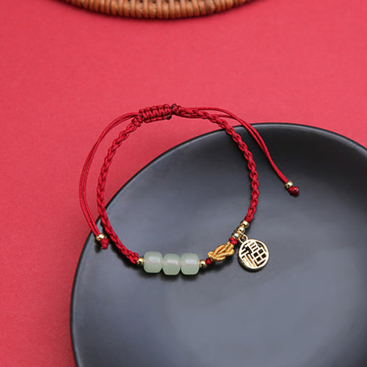 Buddha Stones ręcznie robione koraliki z jadeitu Fu Character Charm bransoletka z czerwoną liną