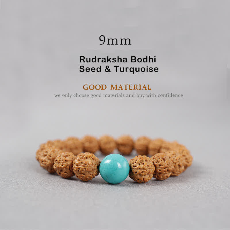 Buddha Stones Tybet Rudraksha Bodhi Nasiona Dzi Koralik Bursztyn Turkus Bransoletka Bogactwo - 9 mm - Nasiona Rudraksha Bodhi i turkus - image 6
