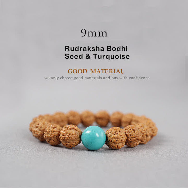 Buddha Stones Tybet Rudraksha Bodhi Nasiona Dzi Koralik Bursztyn Turkus Bransoletka Bogactwo - 9 mm - Nasiona Rudraksha Bodhi i turkus - image 6