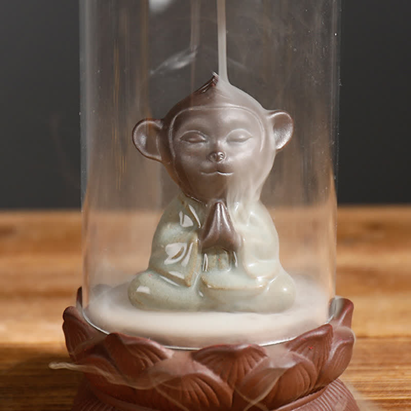Medytacja Wukong Monkey King Fioletowa glina Szyba przednia Lotos Cofający się dym Fontanna Kadzidło Palnik Dekoracja