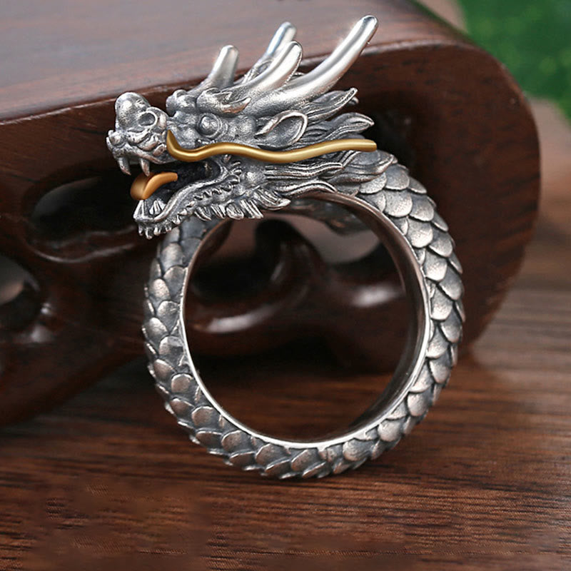 Buddha Stones 925 Srebro Sterlingowe Vintage Dragon Design Ochrona Siła Regulowany Pierścień