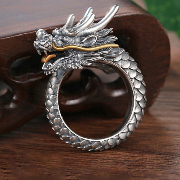Buddha Stones 925 Srebro Sterlingowe Vintage Dragon Design Ochrona Siła Regulowany Pierścień