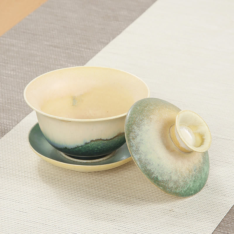 Buddha Stones Zielone Fale Oceaniczne Projekt Porcelany Ceramiczny Gaiwan Sancai Filiżanka Kung Fu Filiżanka I Spodek Z Pokrywką