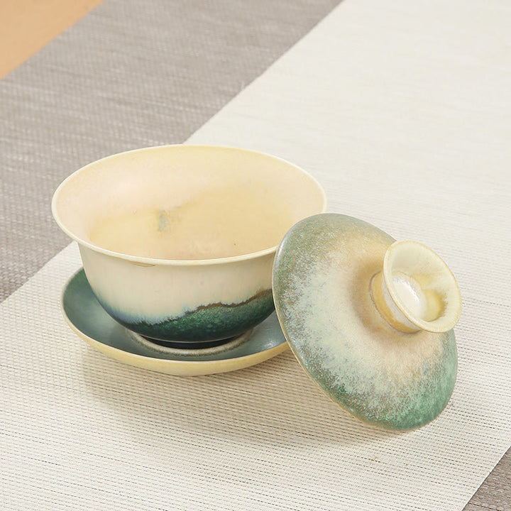 Buddha Stones Zielone Fale Oceaniczne Projekt Porcelany Ceramiczny Gaiwan Sancai Filiżanka Kung Fu Filiżanka I Spodek Z Pokrywką