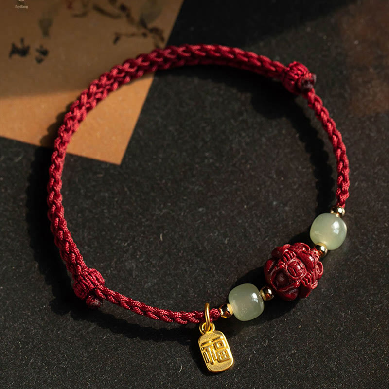 Buddha Stones Naturalny Cynober Chiński Zodiak Hetian Jade Fu Charakter Szczęścia Bransoletka Lina