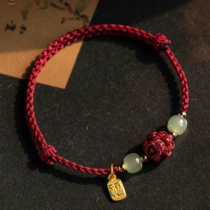 Buddha Stones Naturalny Cynober Chiński Zodiak Hetian Jade Fu Charakter Szczęścia Bransoletka Lina