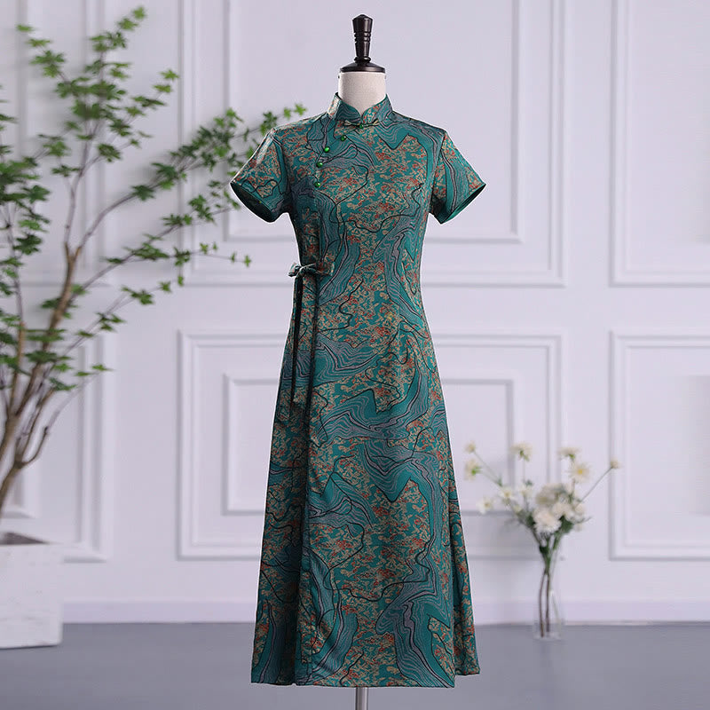 Buddha Stones Vintage Pomyślne Chmury Liście Drukuj Cheongsam Sukienka Damska Qipao