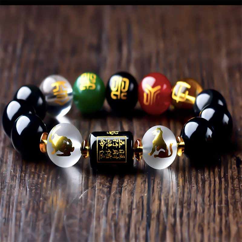 Buddha Stones Chiński Zodiak Feng Shui Obsydian Pięcioelementowy Bogactwo Bransoletka Porsperity