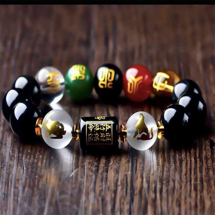 Buddha Stones Chiński Zodiak Feng Shui Obsydian Pięcioelementowy Bogactwo Bransoletka Porsperity