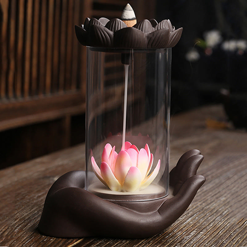 Buddha Stones Ręka Buddy Lotos Oświecenie Światło LED Fioletowa Glina Ceramiczna Kadzielnica Dekoracja
