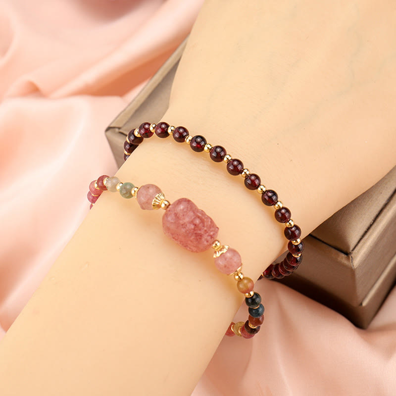 Bransoletka ochronna z Buddha Stones , naturalnym turmalinem, granatem i kwarcem truskawkowym PiXiu Moonstone