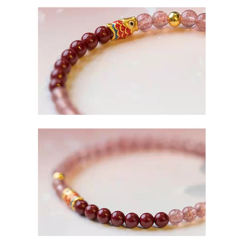 Buddha Stones Naturalny Kwarc Truskawkowy Cynober Lucky Koi Fish Healing Bransoletka
