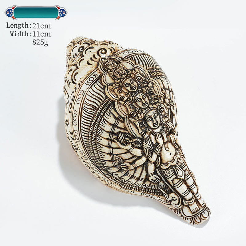Tybetańska, ręcznie grawerowana dekoracja buddy Shankha Awalokiteśwary z muszli - Tysiącramienny Awalokiteśwara 21*11cm - image 32