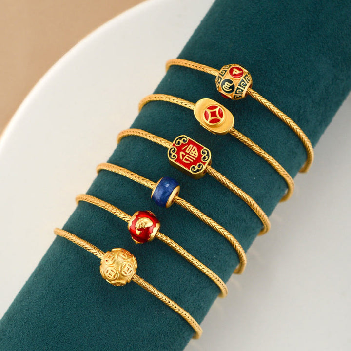Buddha Stones Tybetańskie 18K Złoto Om Mani Padme Hum Szczęście Koi Ryba Fu Charakter Sztabka Miedziana Moneta Bransoletka Pokoju