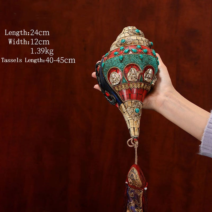 Tybetańska, ręcznie robiona Shankha Om Mani Padme Hum Budda Avalokitesvara turkusowa muszla pozytywna dekoracja