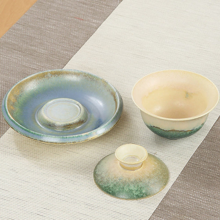 Buddha Stones Zielone Fale Oceaniczne Projekt Porcelany Ceramiczny Gaiwan Sancai Filiżanka Kung Fu Filiżanka I Spodek Z Pokrywką