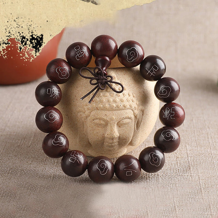 Buddha Stones 925 Srebro Inkrustowane Małymi Liśćmi Czerwonego Sandału Om Mani Padme Hum Charakter Pomyślne Chmury Bransoletka Ochronna