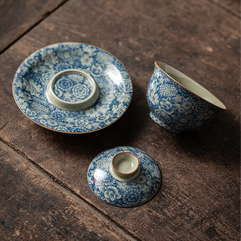 Buddha Stones Vintage Niebieski I Biały Porcelana Brzoskwiniowy Kwiat Lotosu Piwonia Ceramiczny Gaiwan Sancai Filiżanka Kung Fu Filiżanka Do Herbaty I Spodek Z Pokrywką - image 3