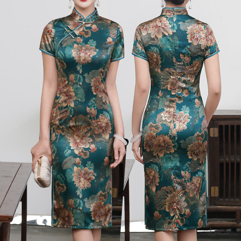 Buddha Stones Retro Kwiat Lotos Piwonia Pióro Druk Qipao Sukienka Damska Cheongsam Sukienka - Zielony Lotos - US16, UK/AU20, EU48 (5XL) - image 15