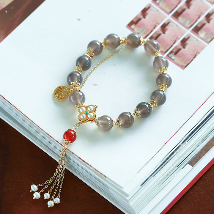 Bransoletka z pereł Fu Character Tassel Balance z Buddha Stones w kolorze szarym i agatem
