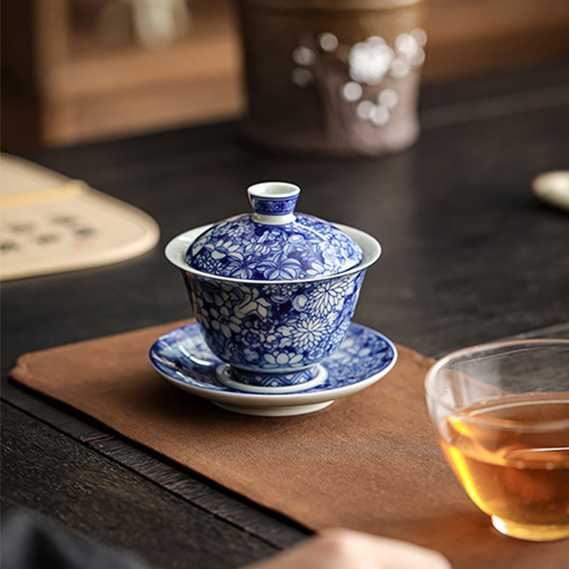 Buddha Stones Vintage Niebieski I Biały Porcelana Ceramiczna Gaiwan Sancai Filiżanka Kung Fu Filiżanka I Spodek Z Pokrywką