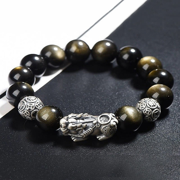 Buddha Stones 925 Srebro Sterling Naturalny Złoty Połysk Obsydian PiXiu Bransoletka Ochrony Bogactwa