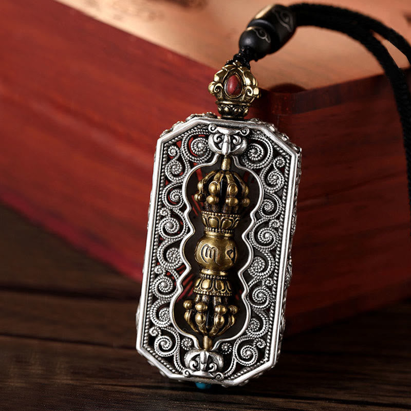 Buddha Stones Tybetańskie Om Mani Padme Hum Rzeźbione Dorje Vajra Obrotowy Wzór Lotosu Naszyjnik z Liną Czystości Wisiorek - Dorje Wadżra i Om Mani Padme Hum - image 0