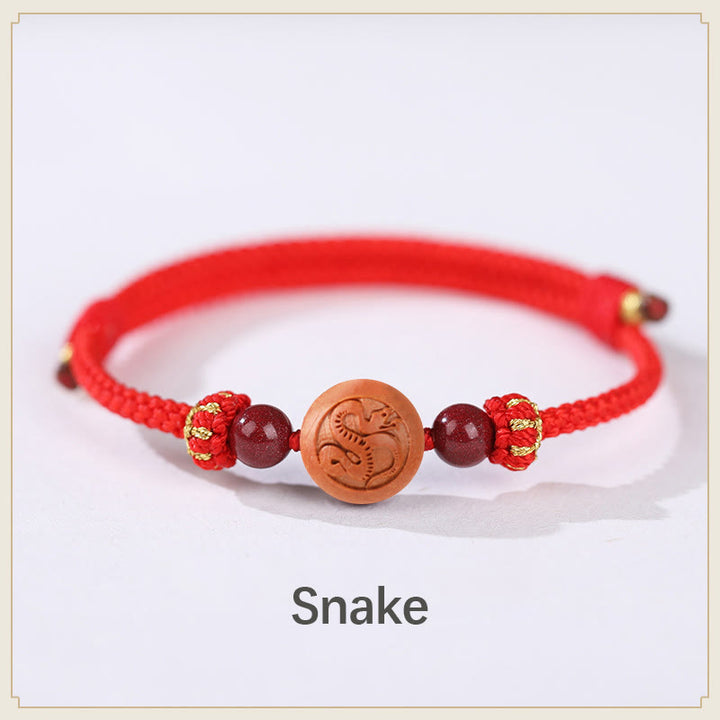 Buddha Stones Naturalne Drewno Brzoskwiniowe Chińskie Zodiak Fu Znak Rzeźbiony Cynober Bransoletka Bogactwa