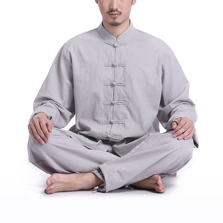 Buddha Stones Chiński Żaba Guzik Projekt Medytacja Modlitwa Bawełna Len Duchowy Zen Praktyka Joga Odzież Męski Zestaw - Szary (długi rękaw) - US/UK/AU44， EU54 (3XL) - image 0