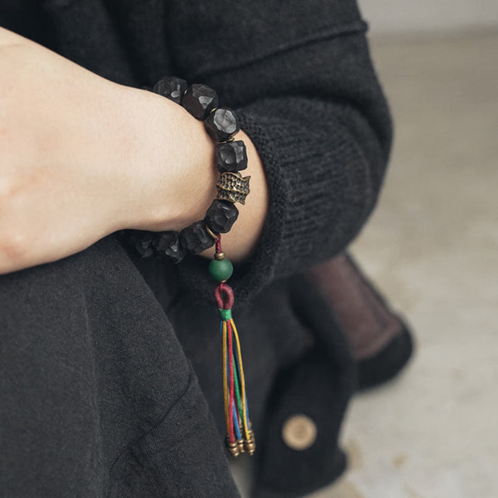 Buddha Stones Tybet Heban Drewno Miedź Pokój Tassel Bransoletka Mala Na Nadgarstek