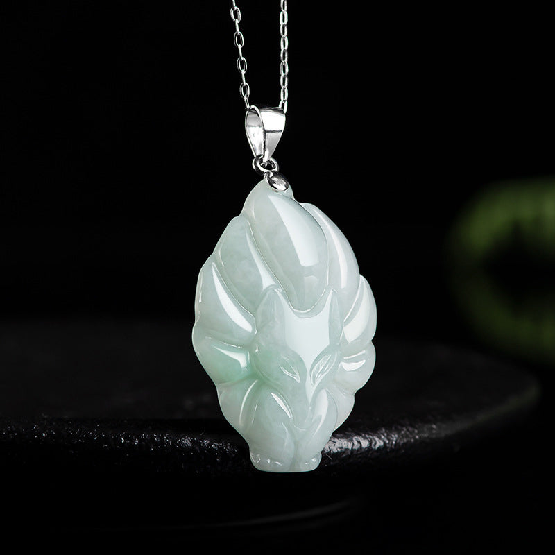 Buddha Stones 925 Srebro Sterling Naturalny Jade Dziewięcioogonowy Lis Naszyjnik Wisiorek Dobrobyt