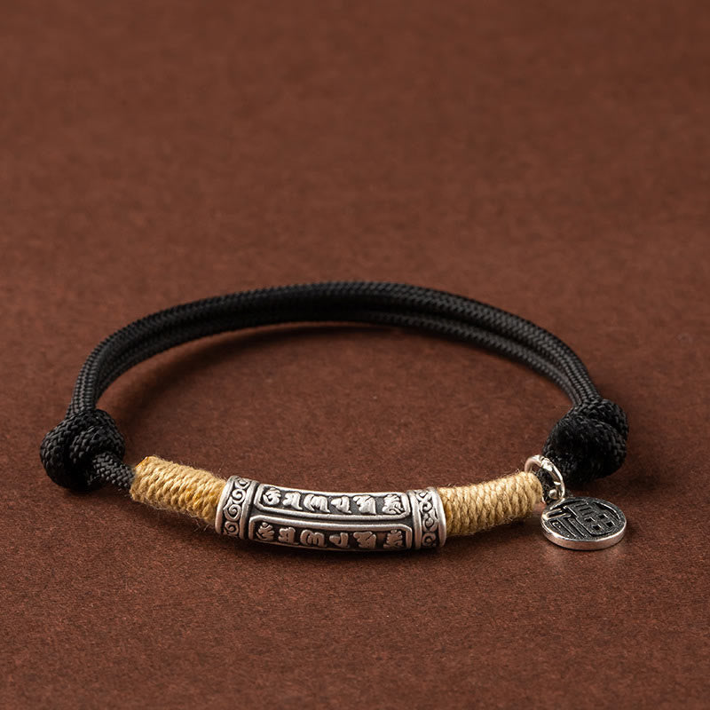 Buddha Stones 999 Srebro Sterlingowe Tybet Ręcznie Robione Om Mani Padme Hum Fu Charakter TopRank Charakter Szczęście Bransoletka Pleciona - Srebrny Om Mani Padme Hum - Czarna lina (obwód nadgarstka 15-19 cm) - image 3